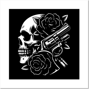 skull, roses and gun Posters and Art